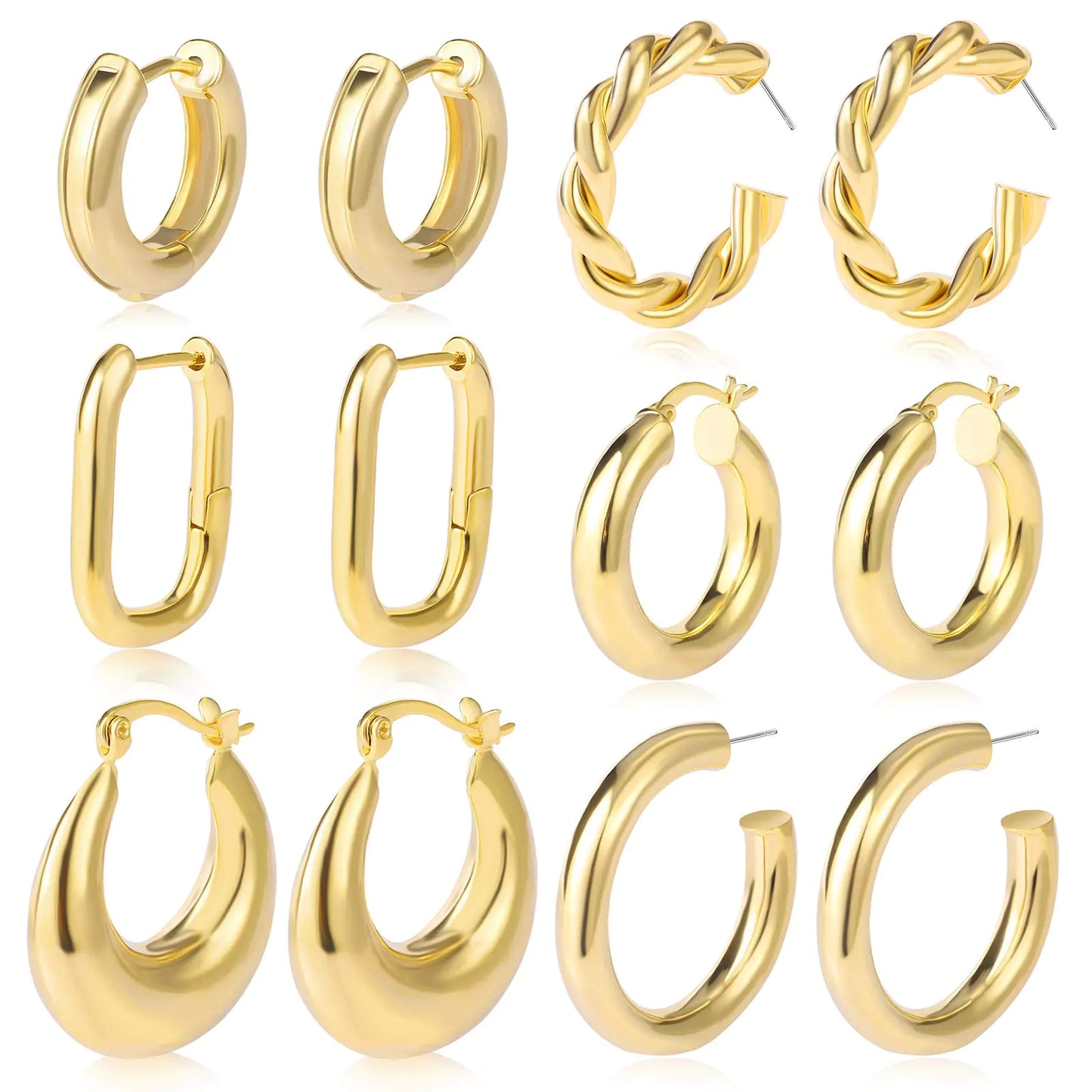 💎: 6 Pairs Chunky Gold Hoop Earrings Set - 14K Gold Plated Hypoallergenic Huggie Collection