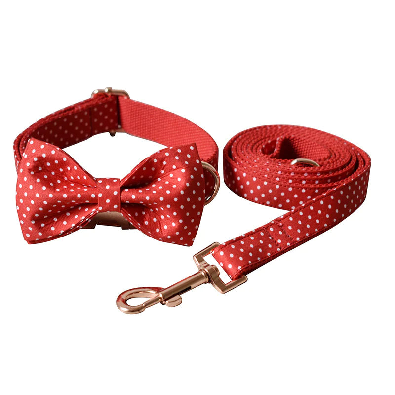 🔴: Red Dot Dog Collar & Leash Set with Bow Tie - Stylish Walking Ensemble