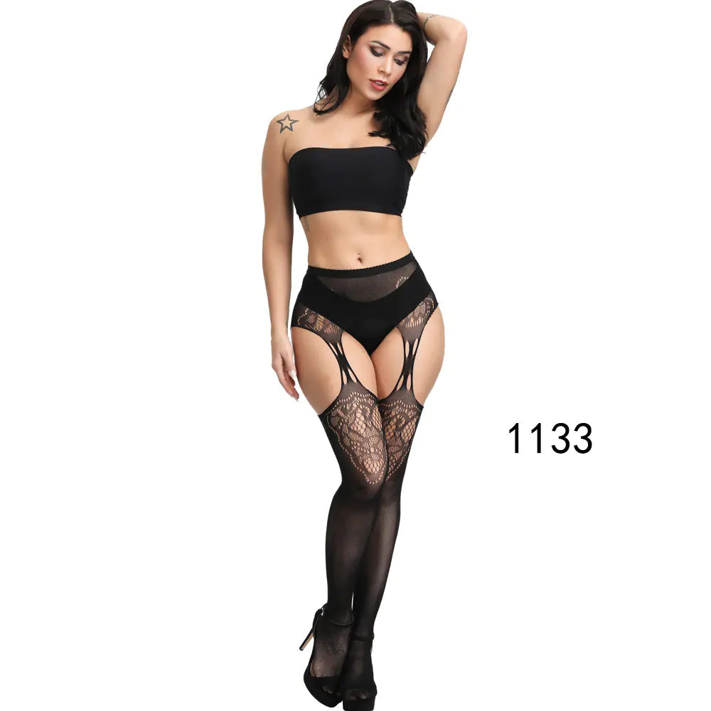 🦵: Sheer Lace-Trimmed Stockings with Open Crotch - Elegant Seductive Hosiery