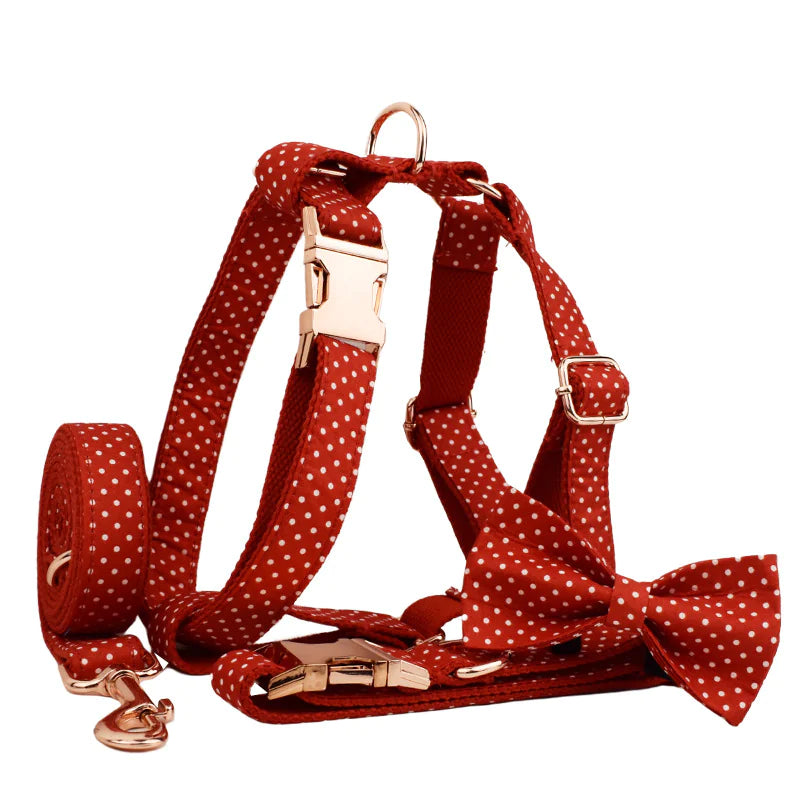 🔴: Red Dot Dog Collar & Leash Set with Bow Tie - Stylish Walking Ensemble