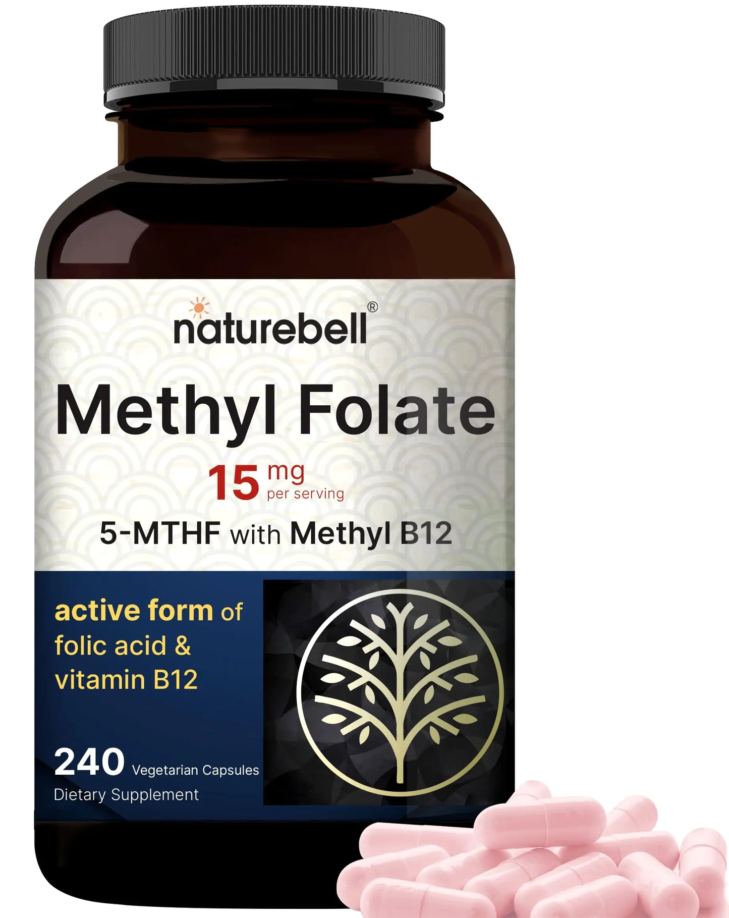 π NatureBell L-Methylfolate 15mg + B12 - High Potency 240 Veggie Capsules