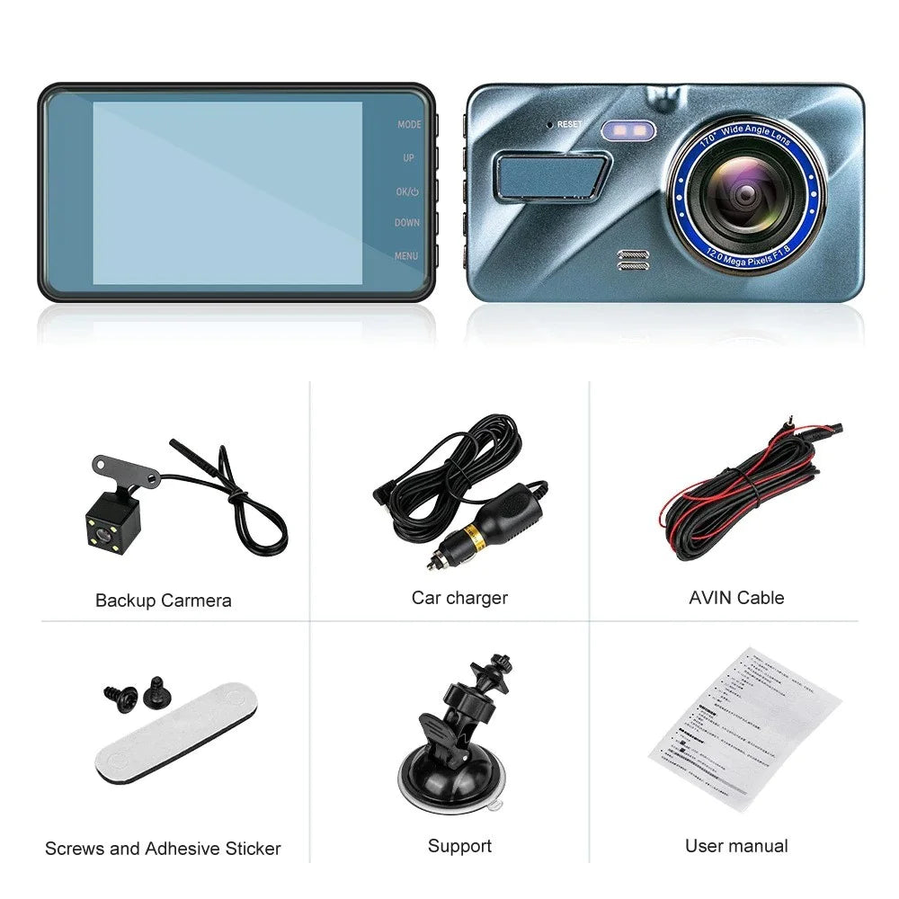 📱 4" Touch Screen Dash Cam - 1080P Dual Lens Front & Rear DVR