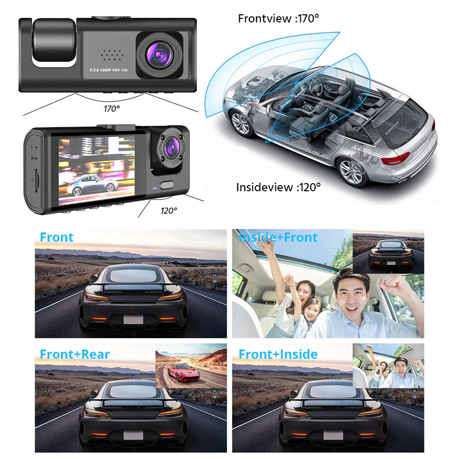 📹 Car Triple Lens Dash Cam - HD 1080P Front/Rear/Inside Video Recorder