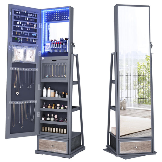 💎: 360° Swivel Jewelry Cabinet with Full-Length Mirror & LED Light – Lockable Standing Armoire Organizer in Grey