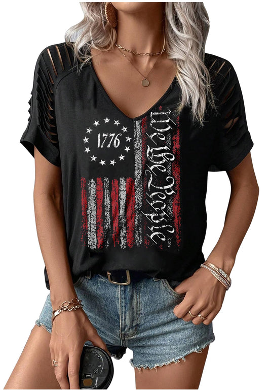 💚: Women's American Flag Cut-Out Patriotic Tee – Lacerated Sleeve Blouse for 4th of July & Country Concerts