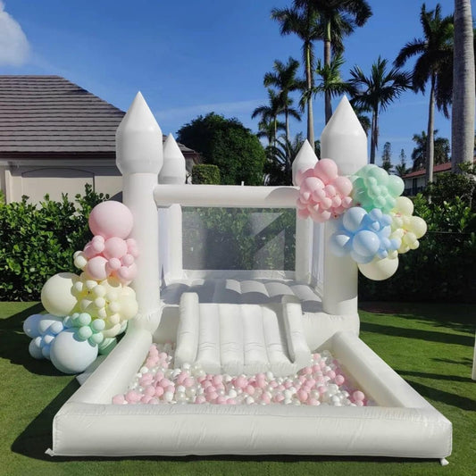 🏰: Inflatable White Bounce House for Kids — 13'L x 8'W x 8'H | Ball Pit + Slide + Jump Space