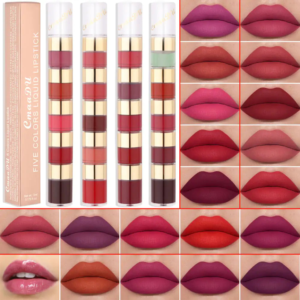 💄: Waterproof 5 Color Matte Lip Gloss Set with Bamboo Joint – Long-Lasting Lip Makeup