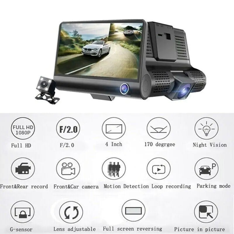 📹: 1080P 4" Dual Lens Car DVR - HD Rearview Dash Cam with G-Sensor