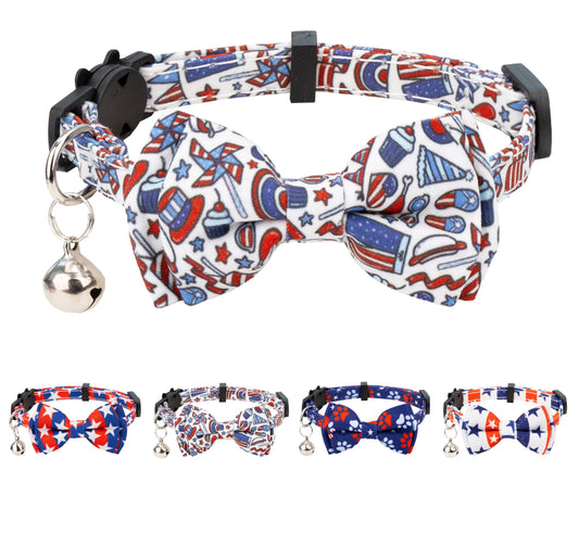 🐱: Patriotic US Flag Cat Collar with Removable Bowtie & Bell – Safety Breakaway Adjustable 7-11" for Cats & Kittens