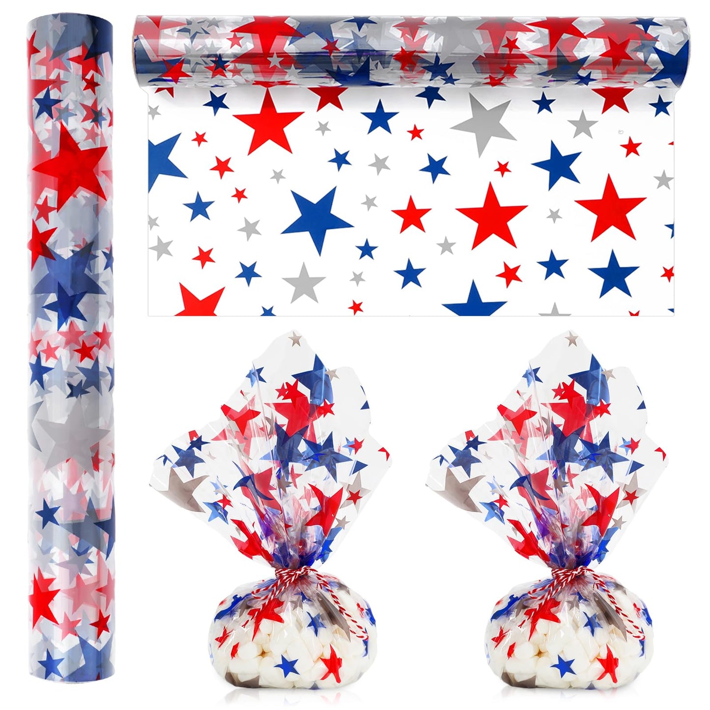 🎁: Patriotic Cellophane Wrap Roll 100ft - Red Gray Blue Stars Crystal Clear 4th of July Gift Wrap