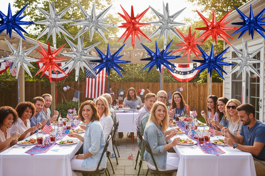 ⭐: Red Blue Silver Explosion Star Foil Balloons 9-Pack - 22" Mylar Star Balloons 4th of July Party
