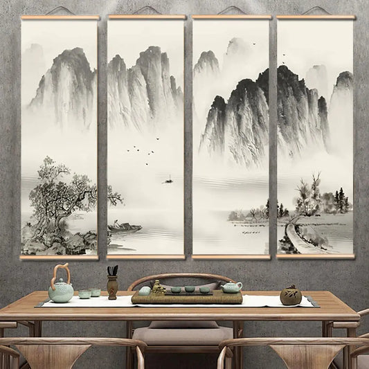 🎨: 4-Piece Black and White Landscape Oil Painting Set