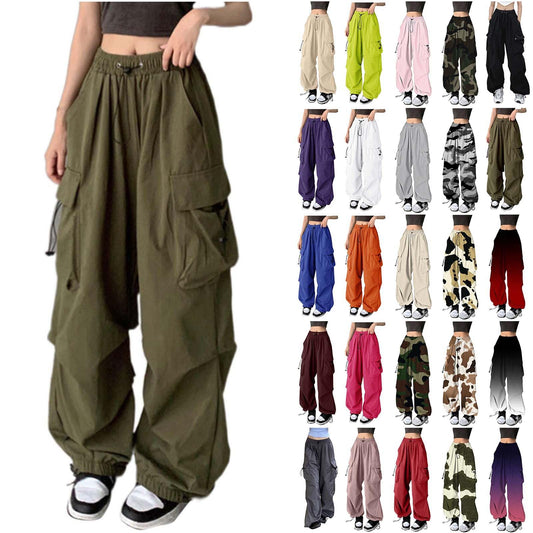 👖: Women's Y2K Baggy Cargo Pants - Stretchy High Waist Wide Leg Parachute Trousers