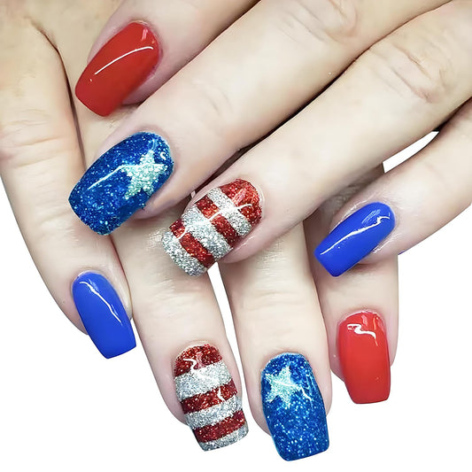 💅: 4th of July Press On Nails 24-Pack - Red Blue Stripe & Star Short Square Patriotic False Nails