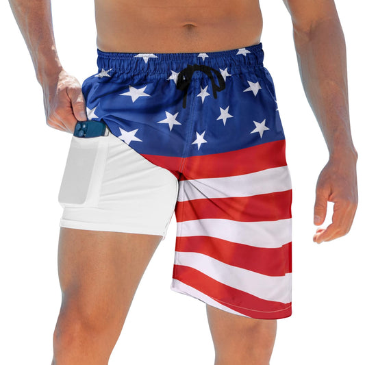 🏖️: Men's USA Flag Board Shorts - 4th of July Swim Trunks with Compression Liner Quick-Dry
