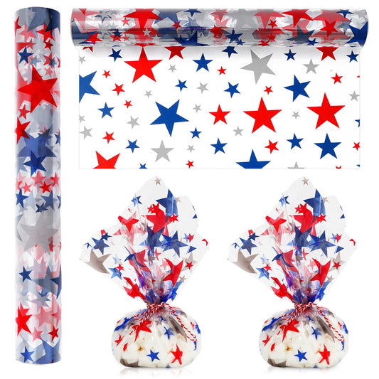 🎁: Patriotic Cellophane Wrap Roll 100ft - Red Gray Blue Stars Crystal Clear 4th of July Gift Wrap