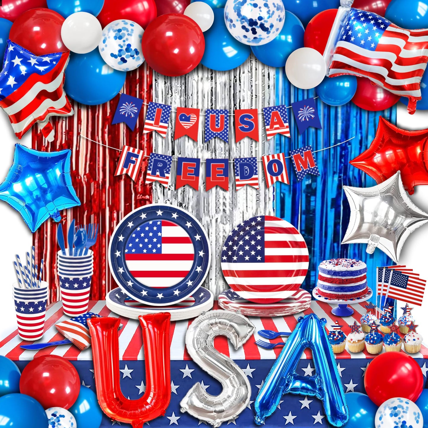 🎉: 272-Piece 4th of July Party Decorations Kit – Tableware, Balloons, Banner & More for 16 Guests