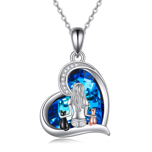 🐱: Sterling Silver Blue Crystal Cat Heart Necklace – Hypoallergenic Pendant Gift for Cat Lovers