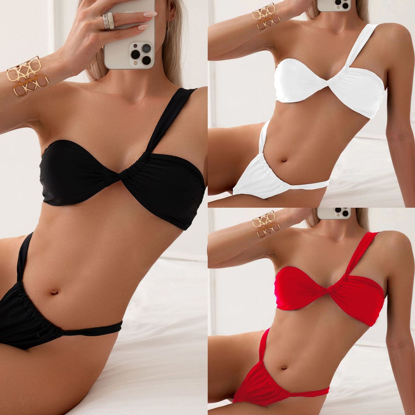 👙: Women's Solid Color One-Shoulder Bikini Swimwear