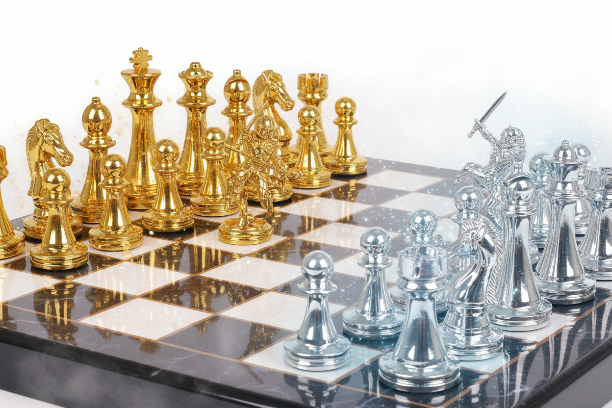 ♟️: Retro Metal Chess Set with Marbled Board – Zinc Alloy Pieces, Extra Queens & Travel Storage for Adults & Kids