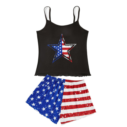 🇺🇸: Women's American Flag 4th of July Pajama Set - Cami Top & Shorts Summer Sleep Set