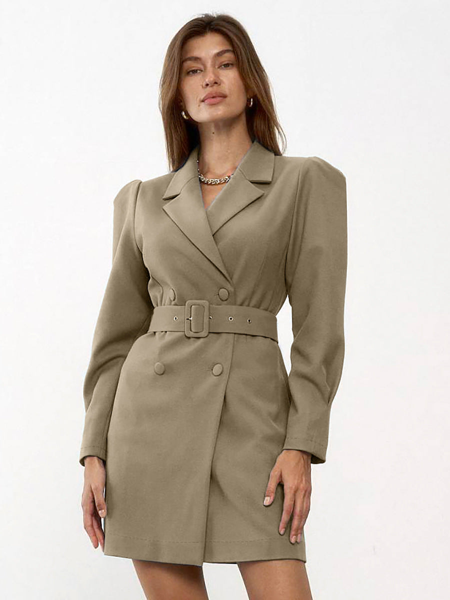 👗: French Style Women's Business Suit Dress — Puff Sleeve High Waist | Khaki & Light Purple