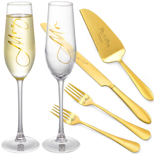 🥂: VARLKA Premium Wedding Champagne Flutes & Cake Knife Set - 6-Piece Mr & Mrs Gold Collection