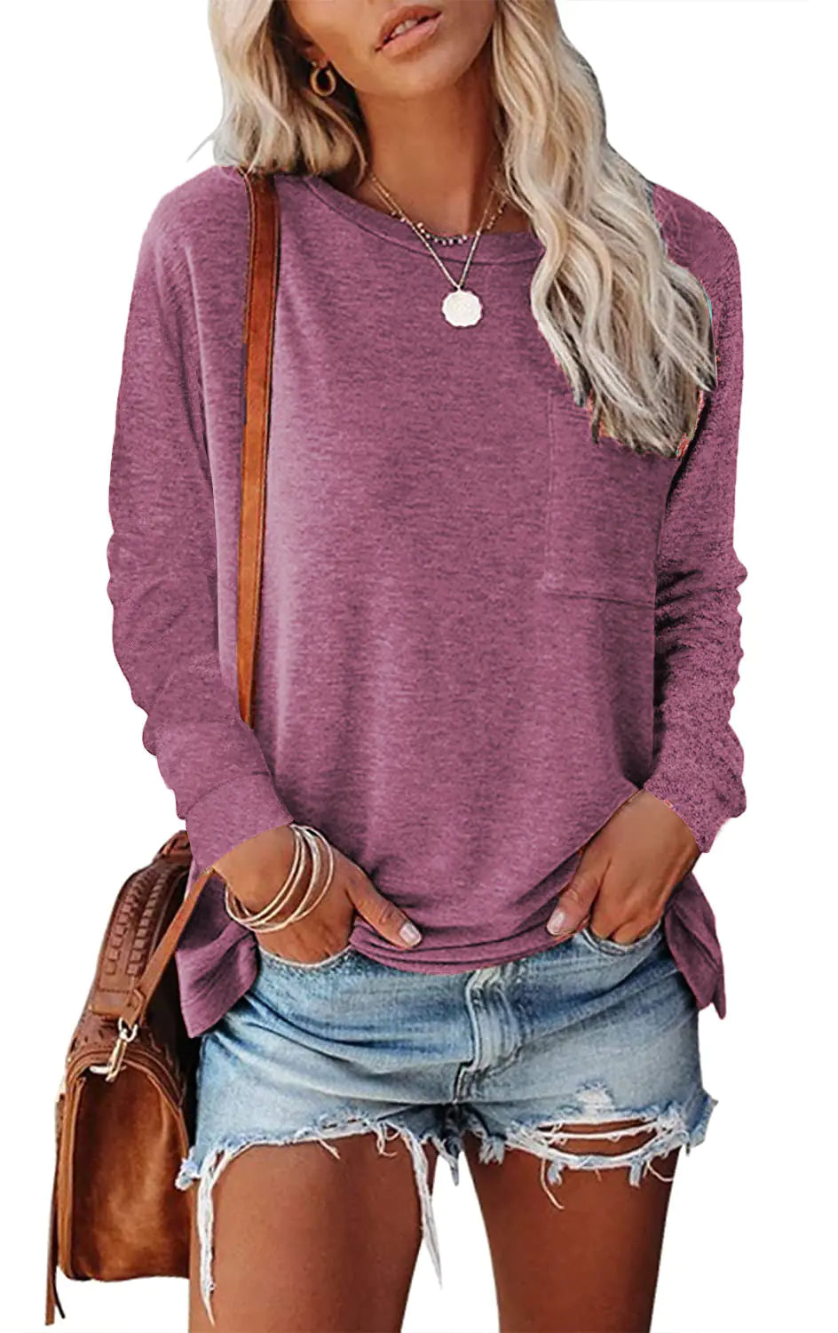 👕: Pocket Split Long Sleeve T-Shirt - Casual Cotton Blend Comfort Top