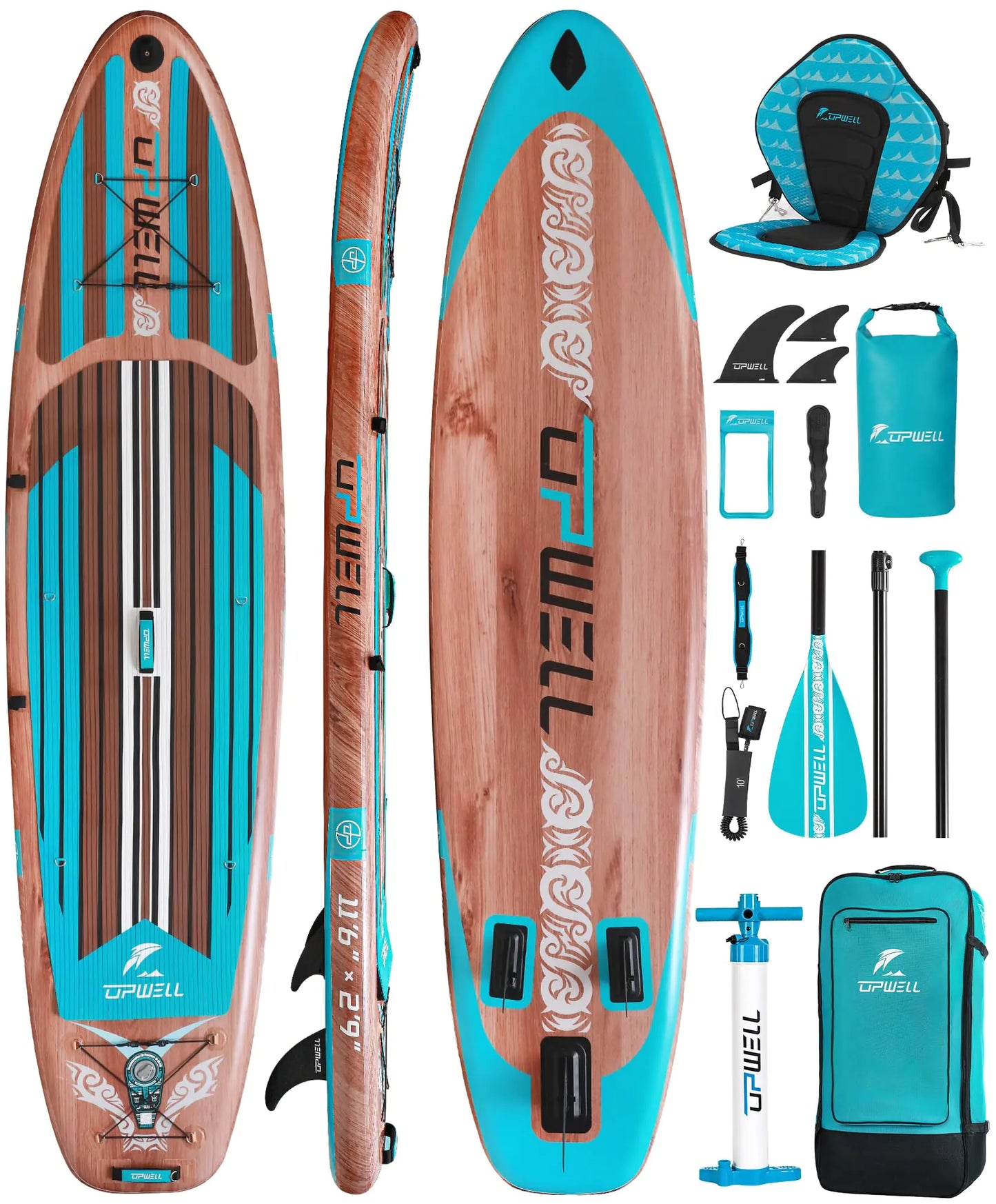 UPWELL 11’6”Inflatable Stand Up Paddle Board with Kayak Seat Premium SUP Paddle Boards for Adults Blow up Paddle Boards 6” Thick Timber