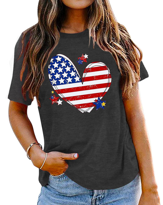👔: Women's American Flag Heart Patriotic T-Shirt – Stars & Stripes Casual Graphic Tee for 4th of July
