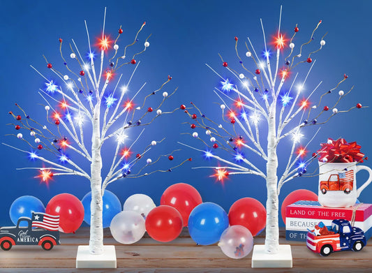 🌳: 24" Lighted Patriotic Birch Table Tree – Red White & Blue LED Stars, Timer & Battery Operated – Set of 2