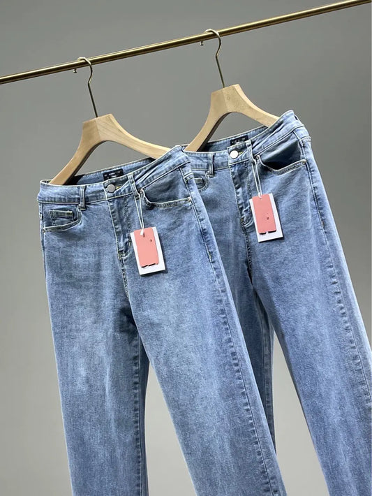 👖: Ladies High Rise Straight Leg Jeans with Side Slit - Cotton Blend Denim
