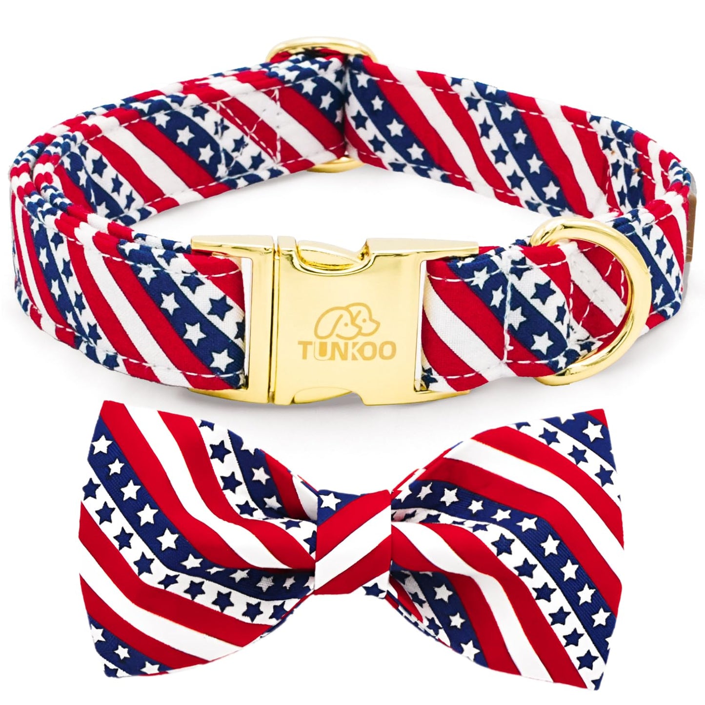 🐾: American Flag Dog Collar with Hand-Sewn Bow Tie – Adjustable Cotton Patriotic Collar for Small, Medium & Large Dogs