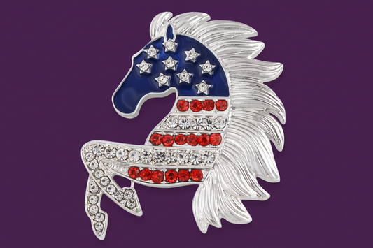 🇺🇸: Patriotic American Flag Crystal Rhinestone Brooch Pin – Silver Tone Horse Mane Design for 4th of July
