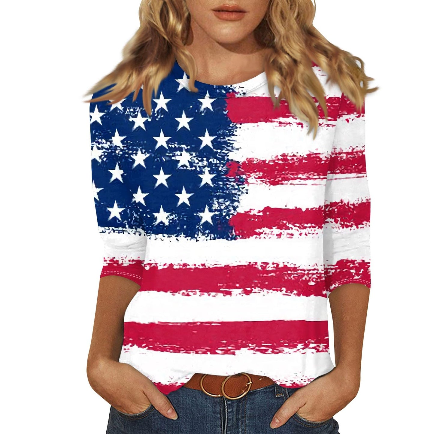 🇺🇸: Women's 4th of July American Flag Tunic Top - 3/4 Sleeve Crewneck Patriotic Blouse