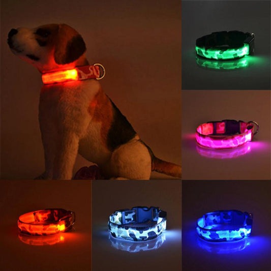 🐕: LED Glow Camouflage Dog Collar – Durable Nylon Night Safety Collar in 7 Colors