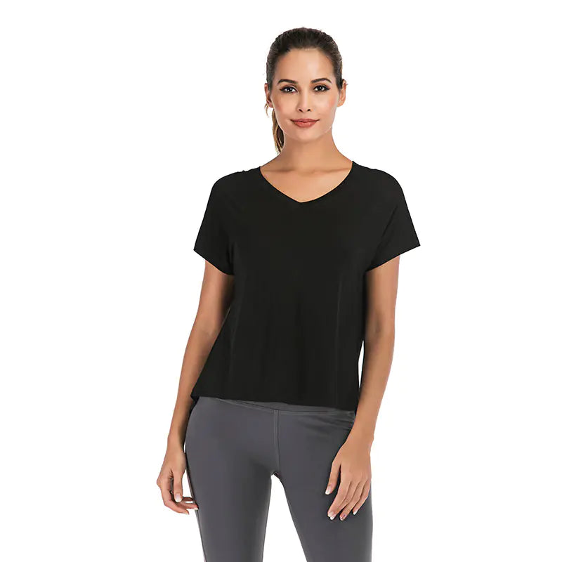 👕 Women's V-Neck Sports T-Shirt - Open Back Loose Fit Athleisure Top