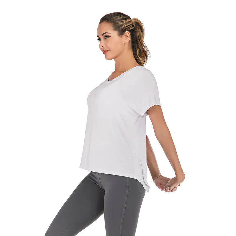 👕 Women's V-Neck Sports T-Shirt - Open Back Loose Fit Athleisure Top