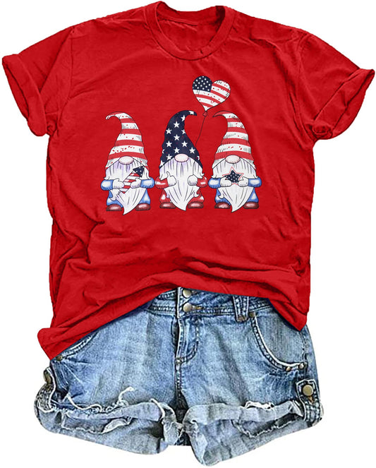🇺🇸: Women's Patriotic Gnome 4th of July Graphic Tee - USA Flag Stars & Stripes