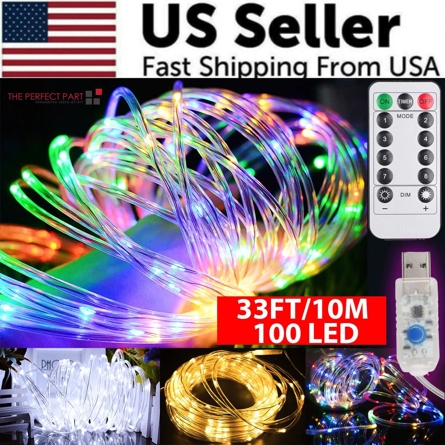 💡 33FT 100 LED Strip Rope Light - Outdoor Garden Party Decoration String Lights