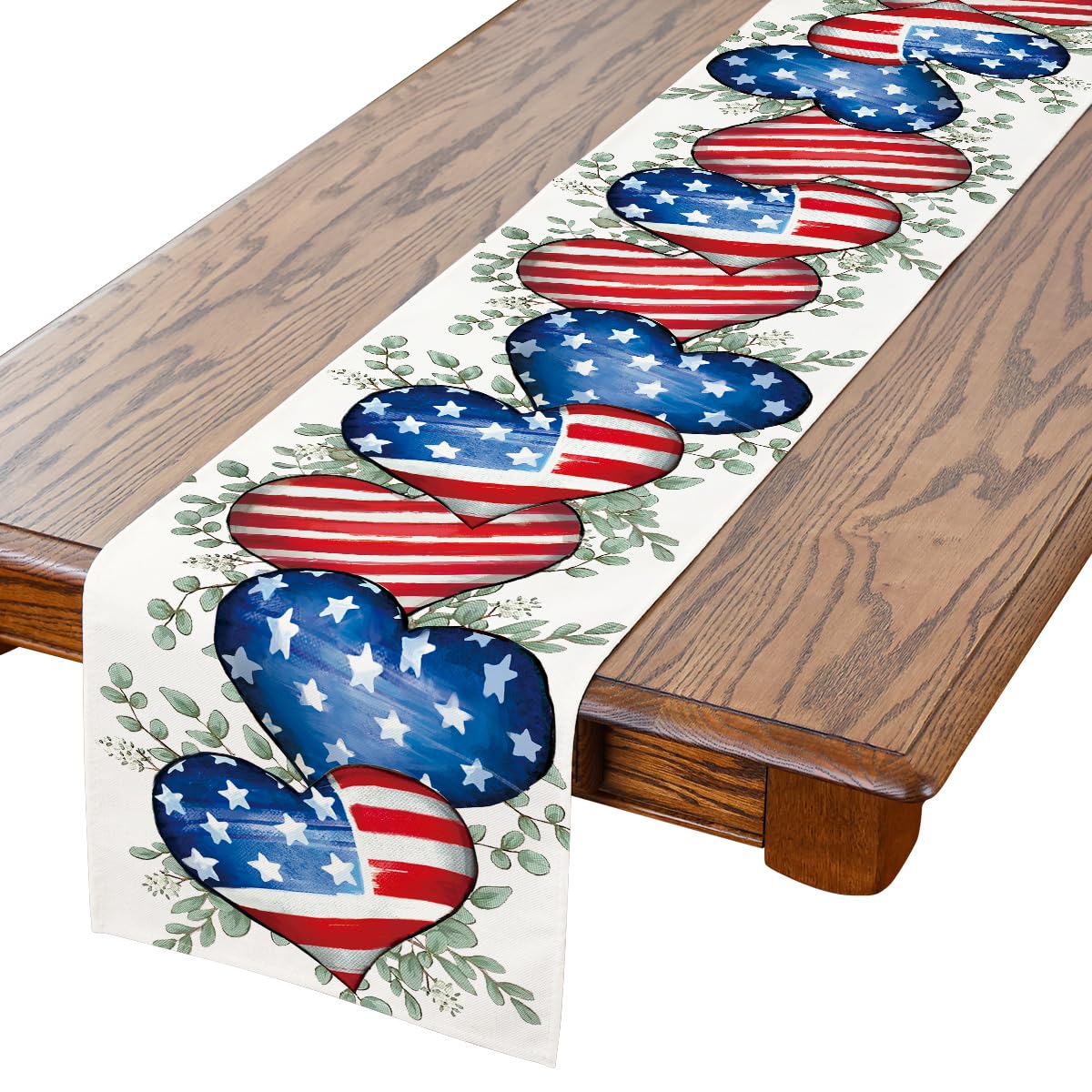 🇺🇸: 4th of July Patriotic Heart Table Runner – 13x90" Polyester Burlap Independence Day Table Decor