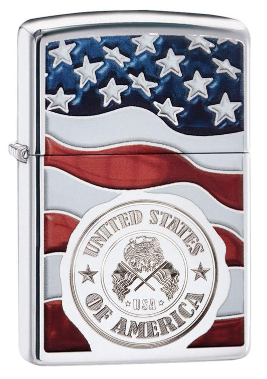 🇺🇸: Zippo American Flag High Polish Chrome Pocket Lighter – Windproof, Refillable & USA Made