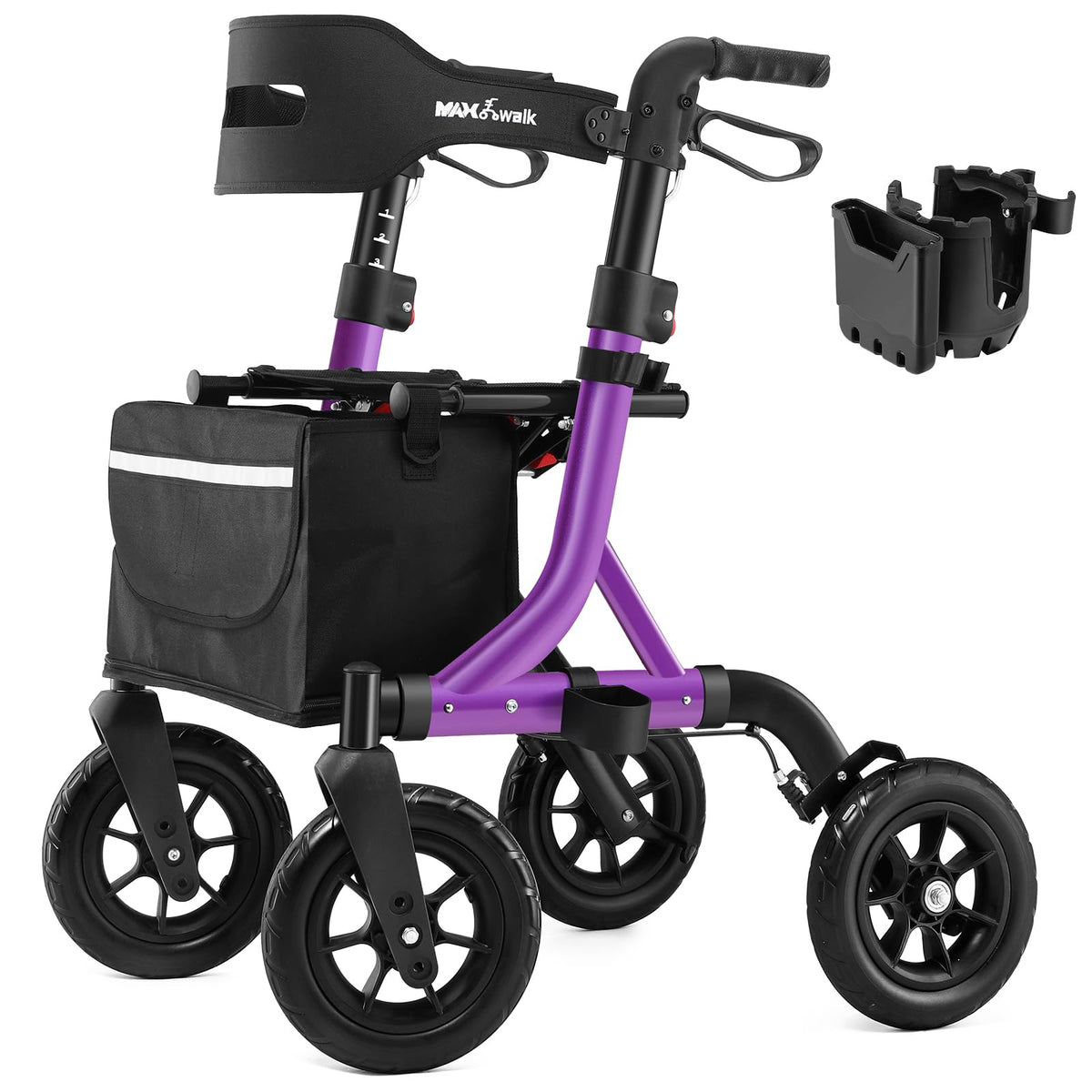 🦳: Foldable All-Terrain Rollator Walker for Seniors — 10" Rubber Wheels, Built-In Cable Brakes, Padded Seat & Cup Holder | Purple
