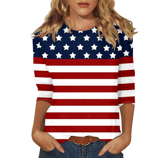 🇺🇸: Women's 4th of July American Flag Tunic Top - 3/4 Sleeve Crewneck Patriotic Blouse