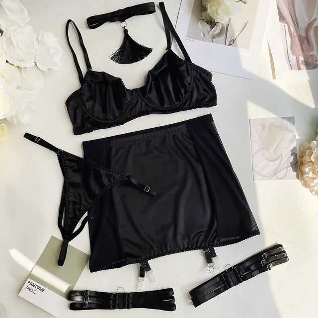 🌙: 5-Piece Women's Satin Choker Lingerie Set with Garter – Premium Intimate Apparel