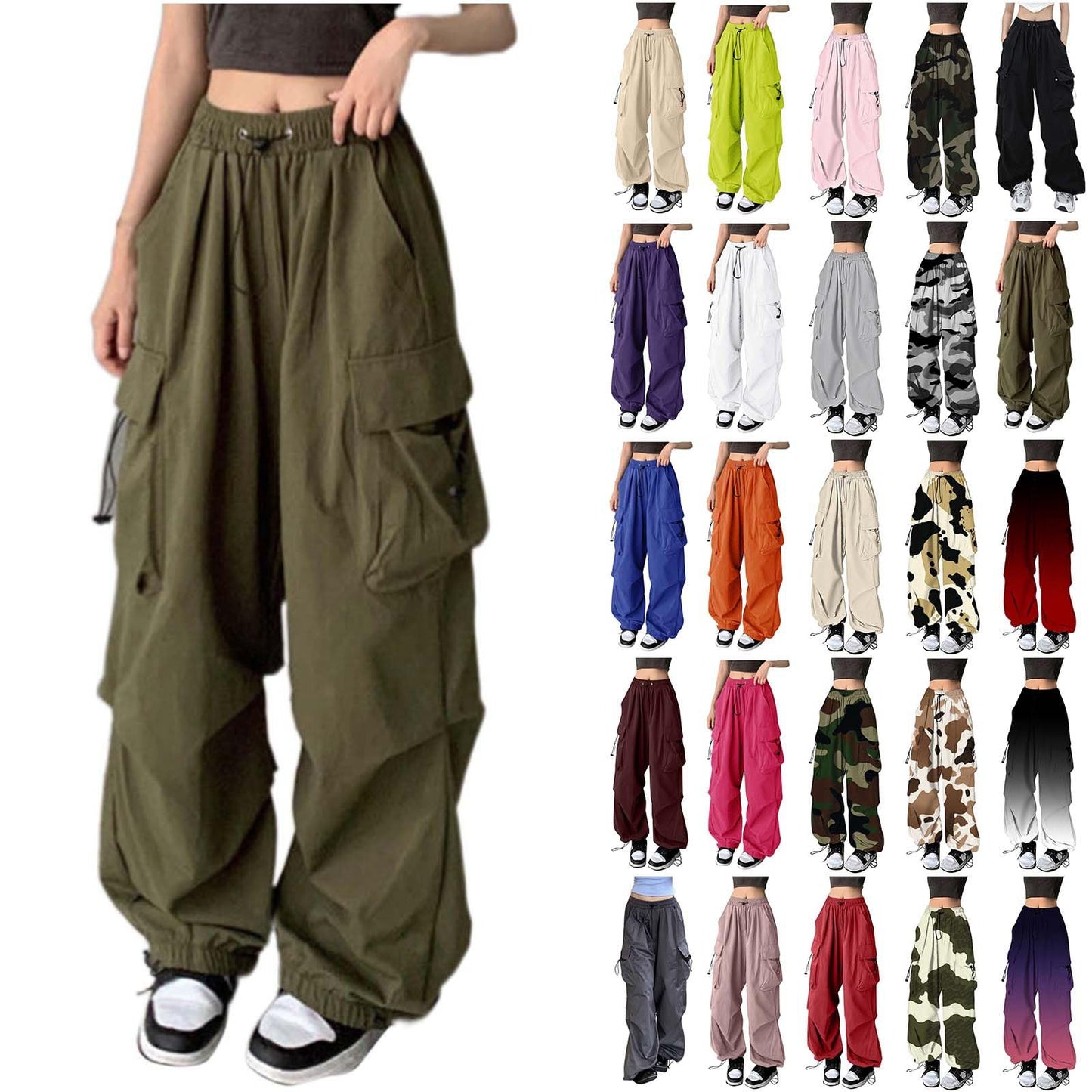 👖: Women's Y2K Baggy Cargo Pants - Stretchy High Waist Wide Leg Parachute Trousers