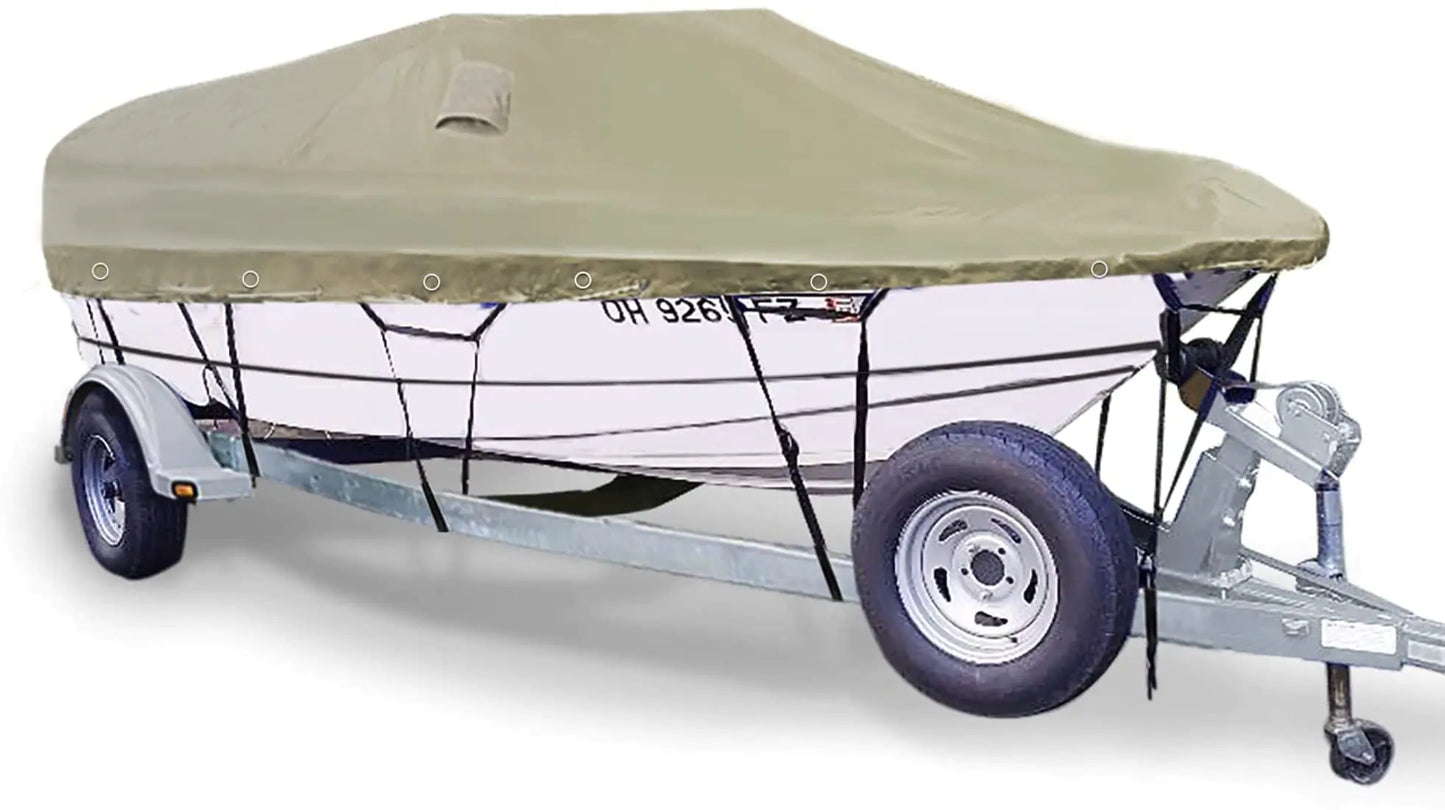 15ft-17ft Boat Cover Heavy Duty 1100d Pu Waterproof Boat Cover Trailerable Full Size Boat Cover for V-Hull Runabouts Boat Boat Protector Cover with Tightening Strap Boat Bag 2 Year Warranty