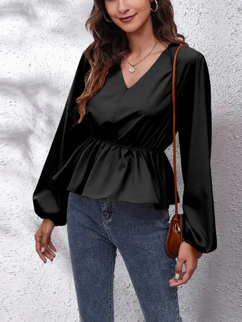 👚 Women's Lantern Sleeve Blouse - Elegant Waist-Tight Casual Office Shirt