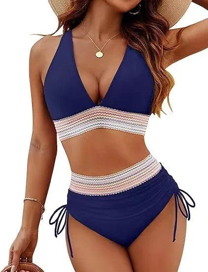 Bikini Set With Color Blocking Drawstring Swimsuit