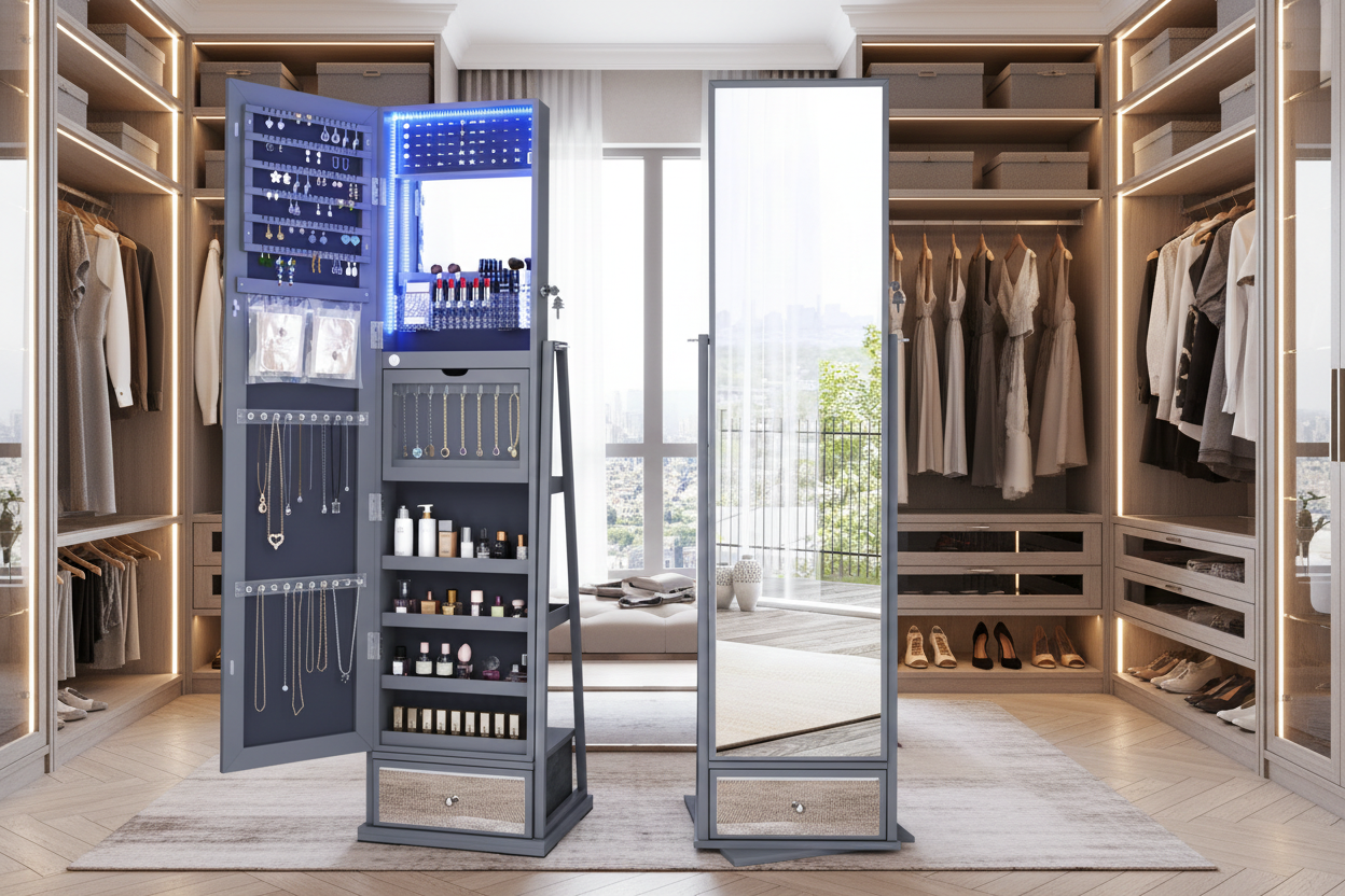 💎: 360° Swivel Jewelry Cabinet with Full-Length Mirror & LED Light – Lockable Standing Armoire Organizer in Grey